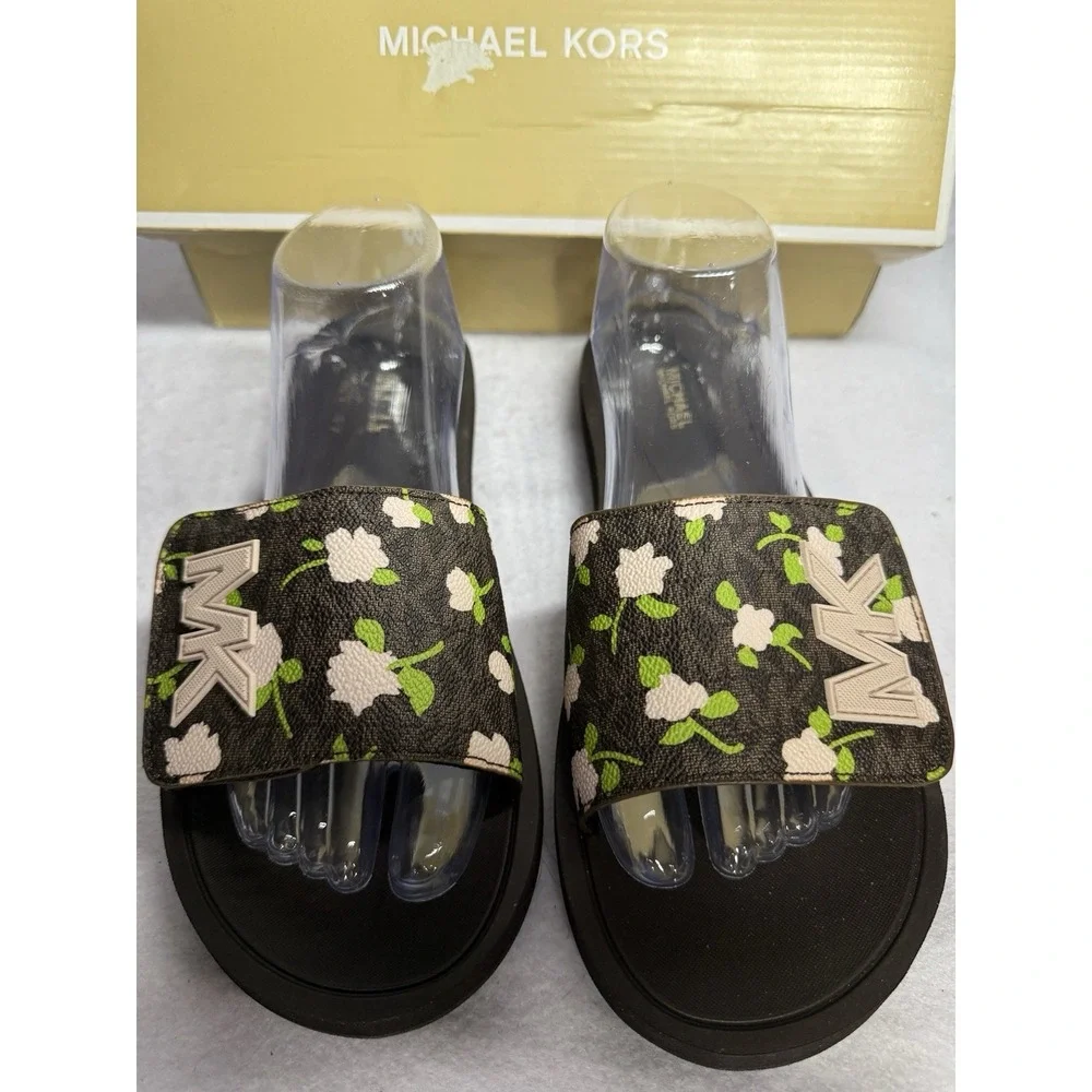 Michael Kors MK Slide Sandals Womens 10 Brown Multi Rose Floral Logo New Box